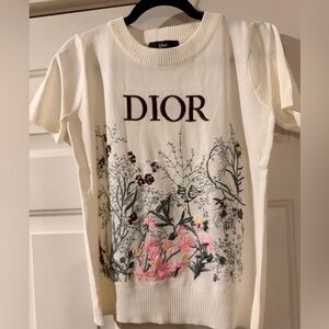 Dior Cream Crewneck Sweater with Pink & Green Floral Embroidery